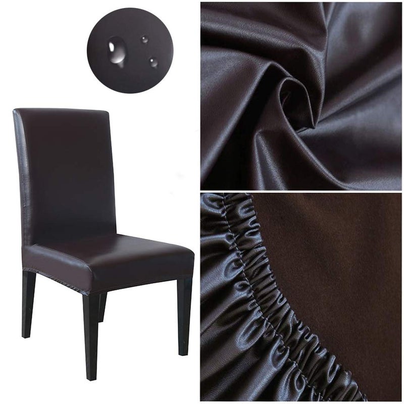 FLYPARTY Stretch Solid Pu Leather Waterproof Dining Chair Cover Slipcover Removable Washable Short Dining Chair Cover Protector Seat Solid Slipcovers for Hotel,Dining Room,Wedding (Brown, 4) - Image 3